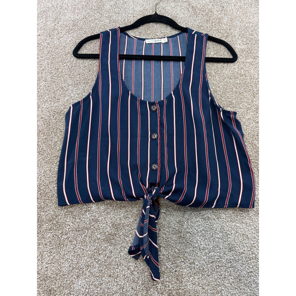 Live To Be Spoiled Womens Top Large Blue Red White Striped Button Tie Front
